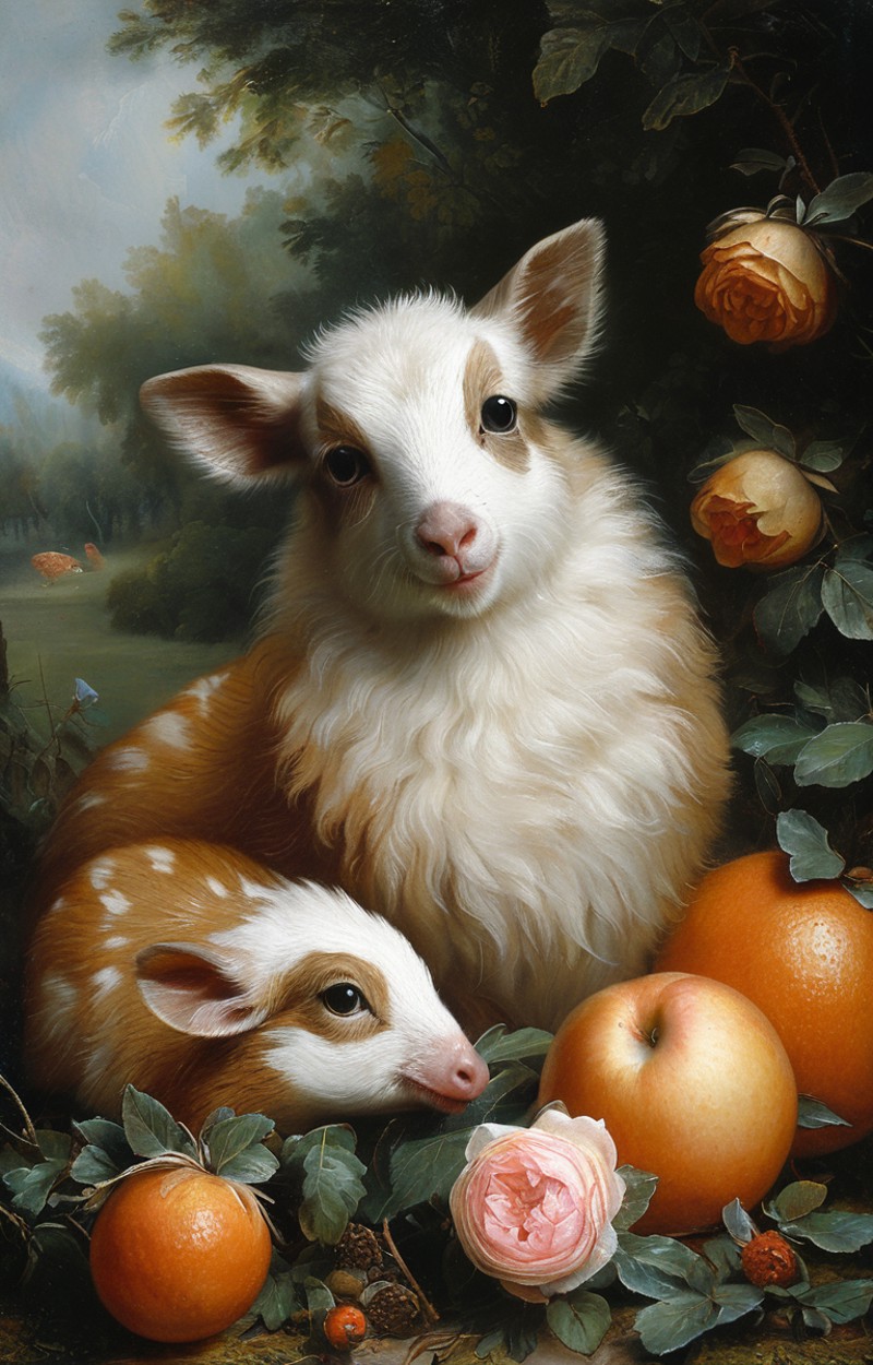 masterpiece,best quality,<lora:tbh152-sdxl:0.8>,illustration,style of Élisabeth Vigée-Lebrun animals